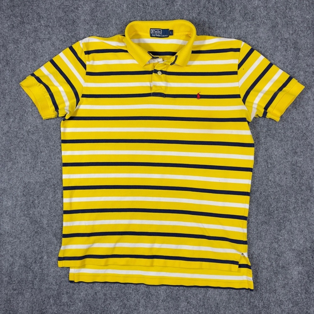Polo Ralph Lauren Polo Shirt Mens Large Yellow Striped Short Sleeve Pony Logo